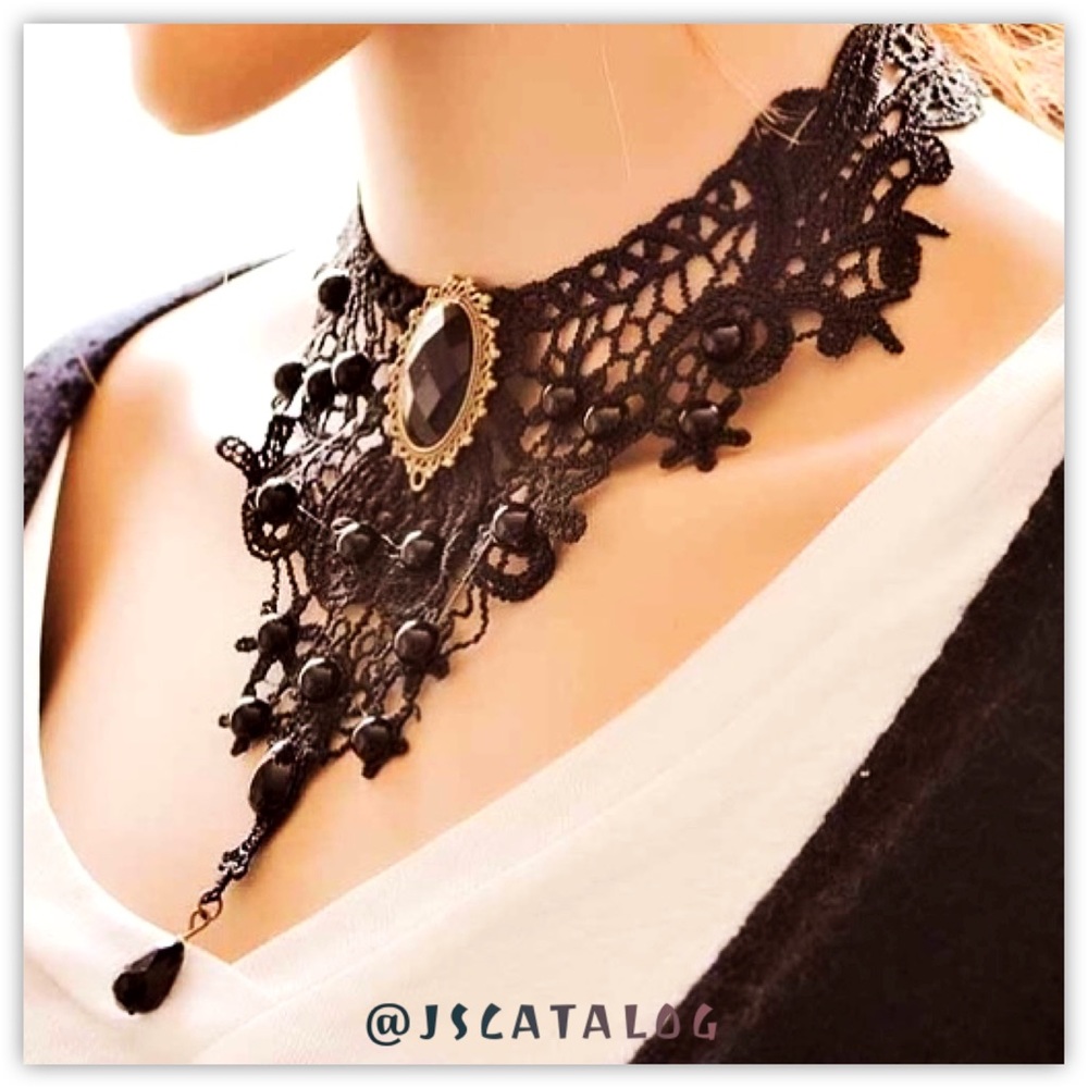 3 x Black Lace Black CZ Statement Choker Necklaces